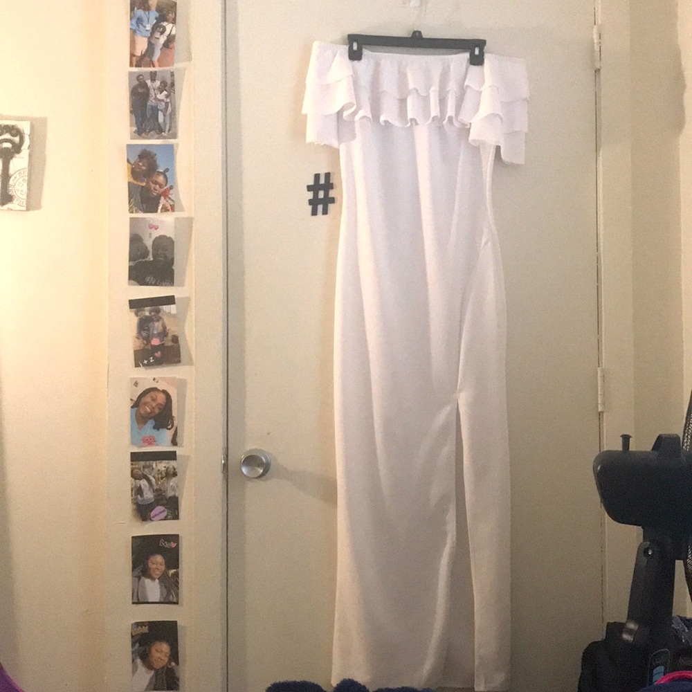 All white off  shoulder dress w/ thigh high split